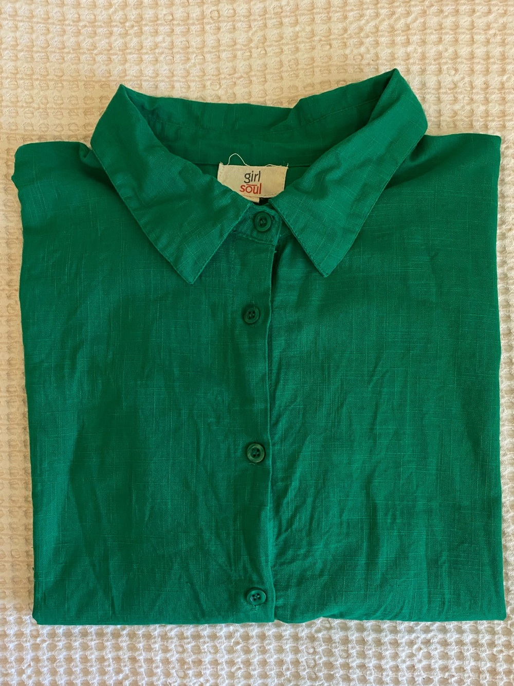 GIRL SOUL 100% Cotton Button Down Short Sleeve Collared Top in Green - XL